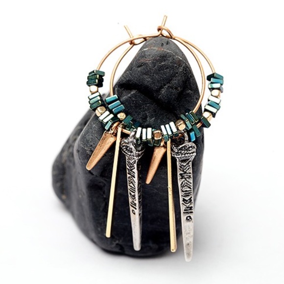 Natural Green Ore Stone Drop Gold Silver Earrings - Picture 6 of 9